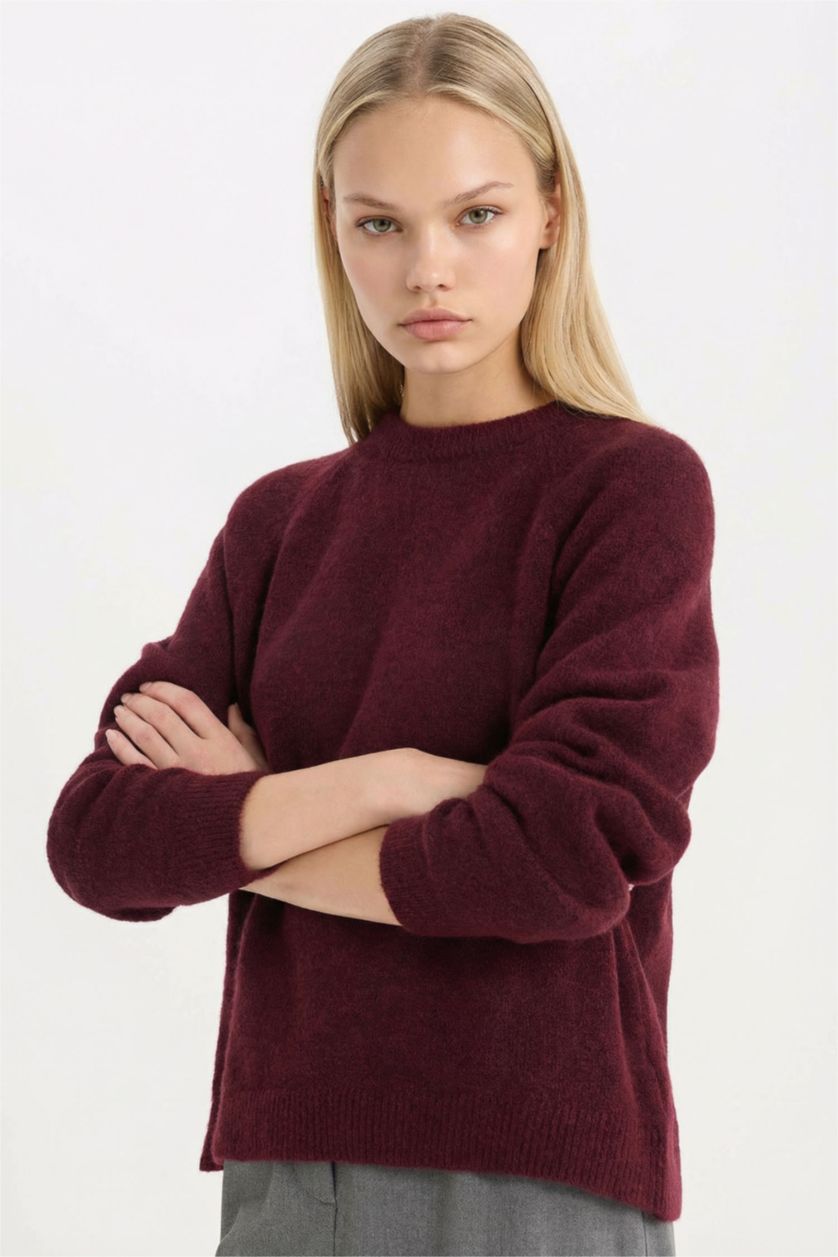 Kadın Bordo Regular Fit Bisiklet Yaka Basic Düz Triko Kazak