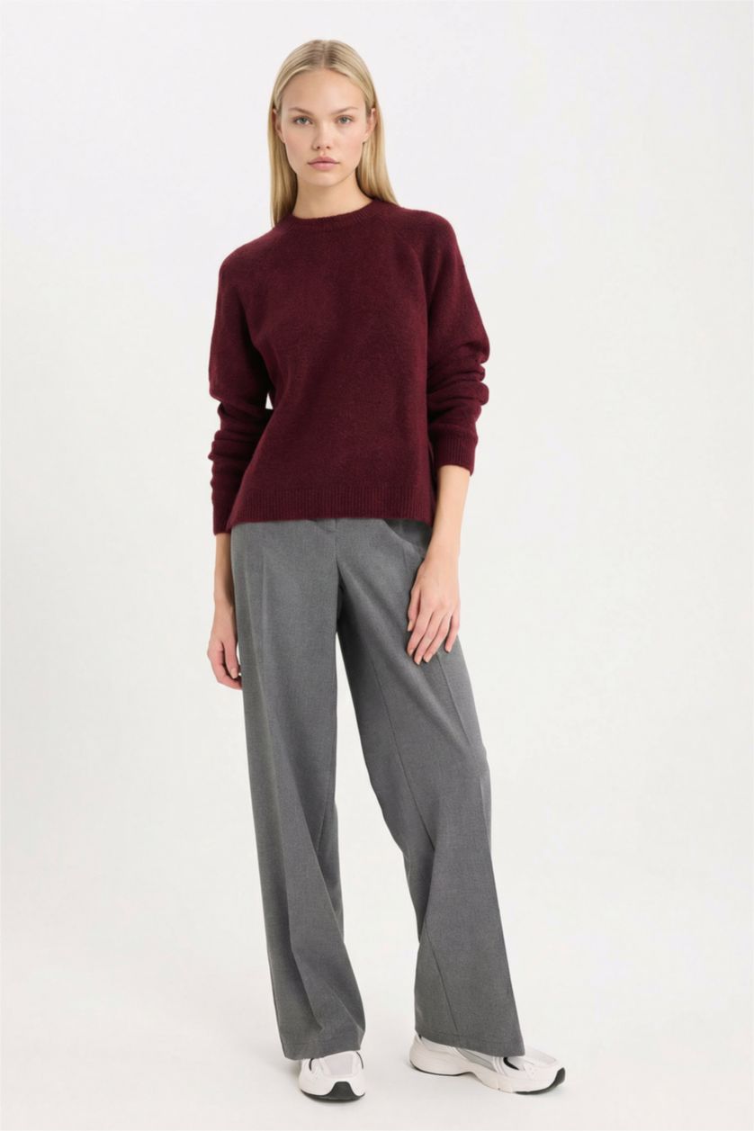 Kadın Bordo Regular Fit Bisiklet Yaka Basic Düz Triko Kazak