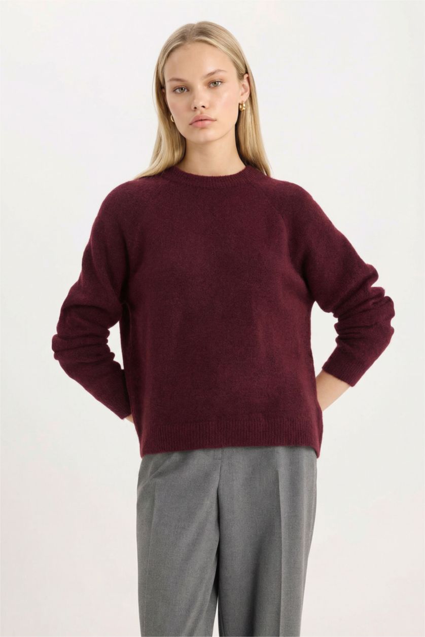 Kadın Bordo Regular Fit Bisiklet Yaka Basic Düz Triko Kazak