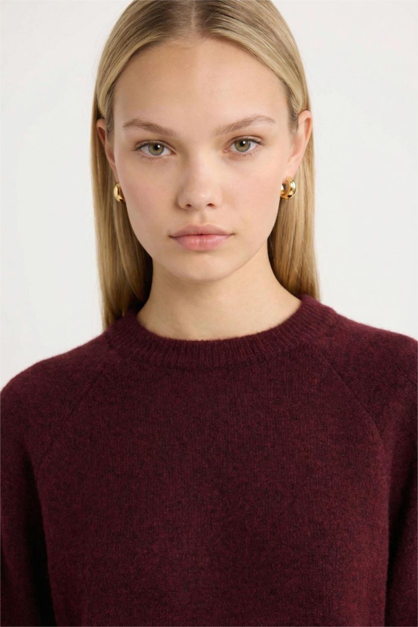 Kadın Bordo Regular Fit Bisiklet Yaka Basic Düz Triko Kazak