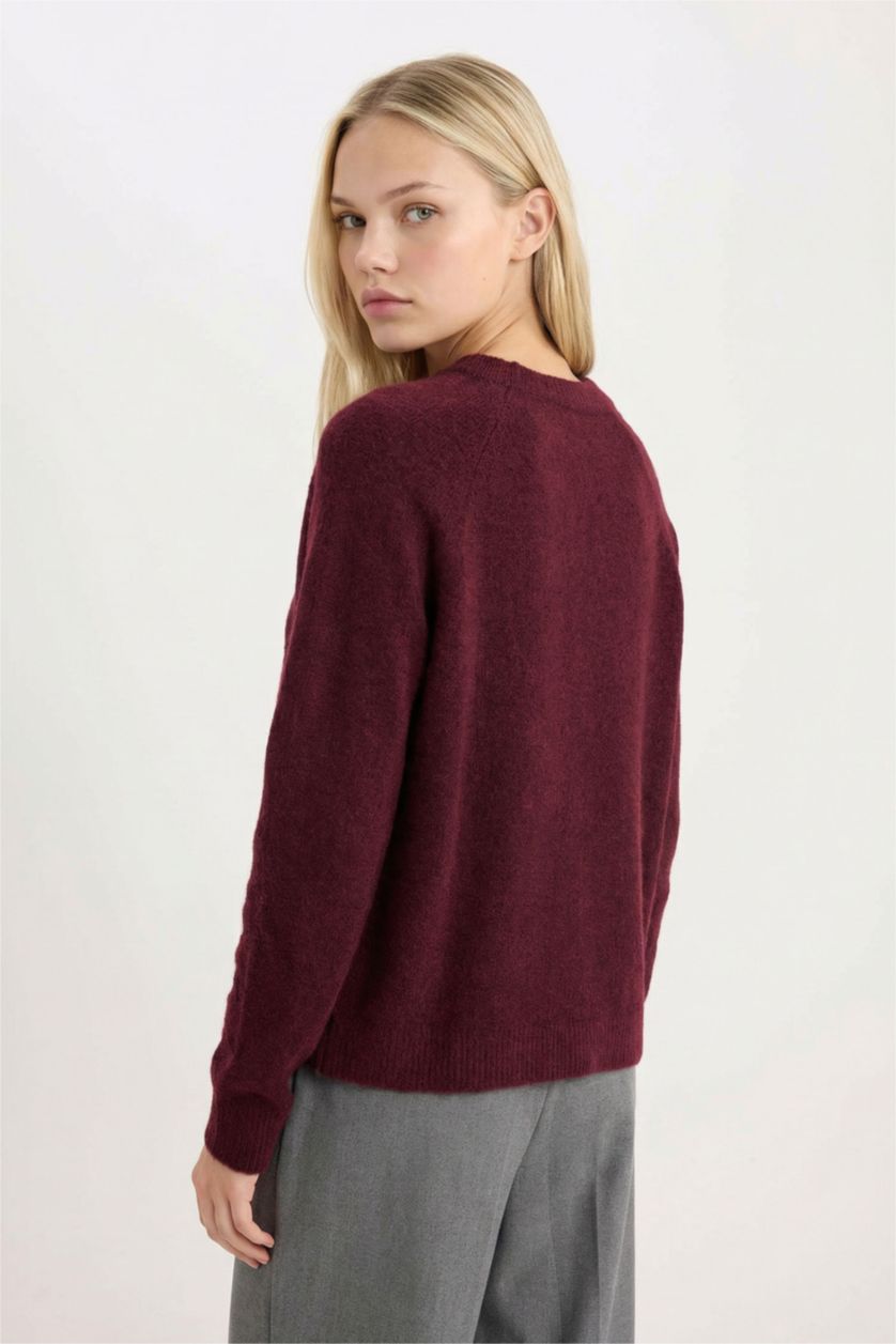 Kadın Bordo Regular Fit Bisiklet Yaka Basic Düz Triko Kazak