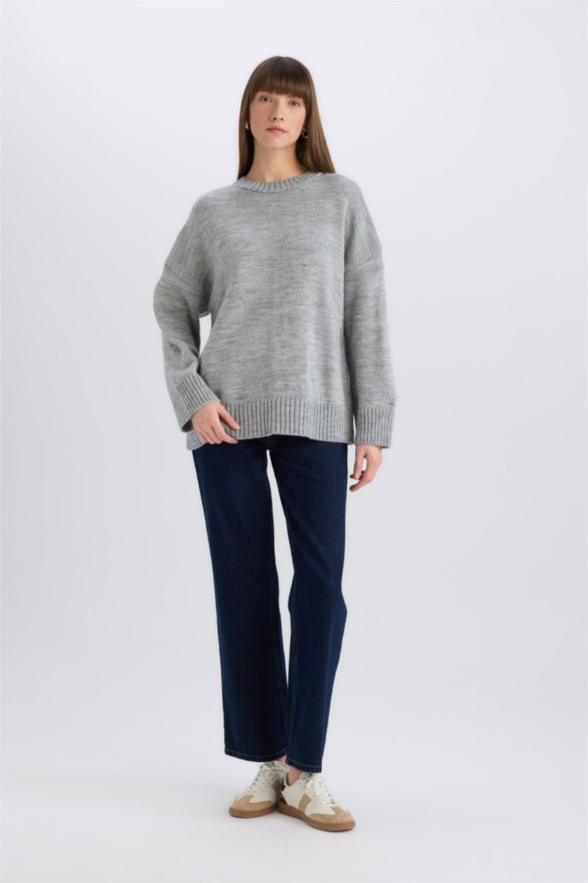 WOMAN Light Grey Oversize Crew Neck Basic Knitwear Pullover