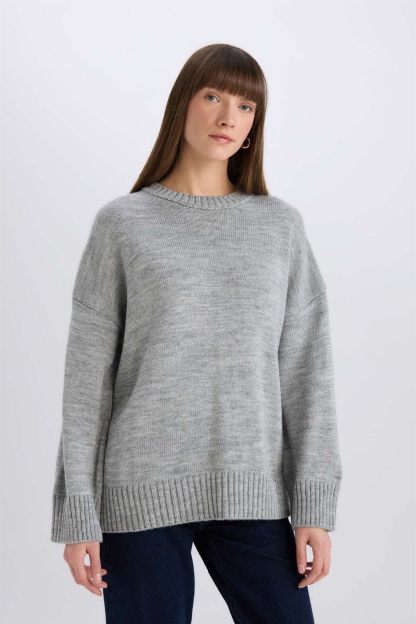 WOMAN Light Grey Oversize Crew Neck Basic Knitwear Pullover