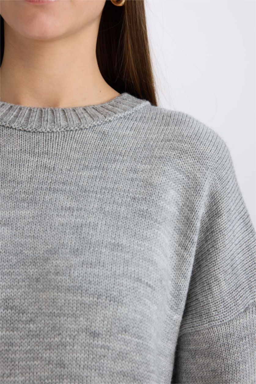 WOMAN Light Grey Oversize Crew Neck Basic Knitwear Pullover