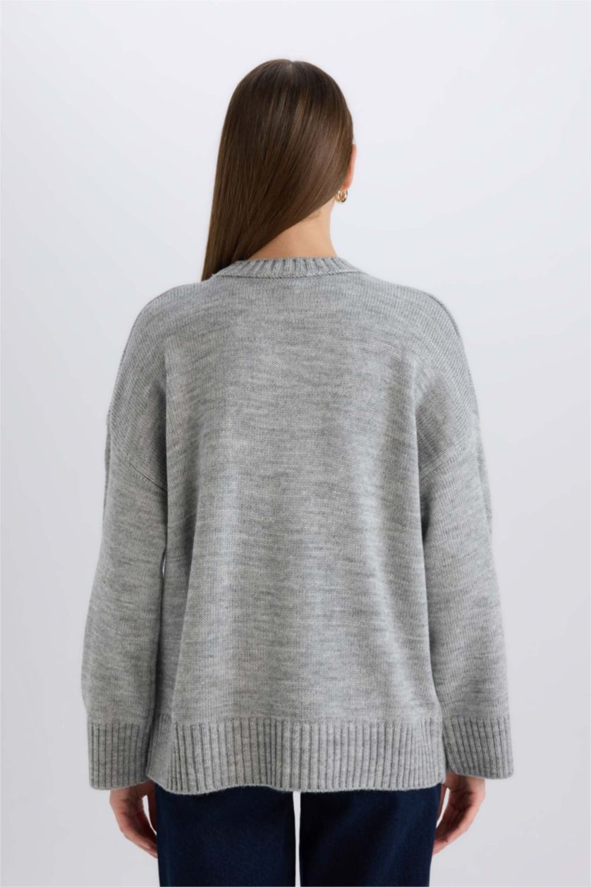 WOMAN Light Grey Oversize Crew Neck Basic Knitwear Pullover