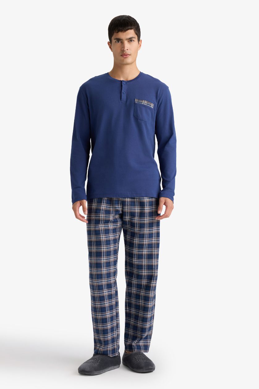 Erkek Lacivert Pijama Takımı Regular Fit Uzun Kollu Üst Kareli Uzun Alt