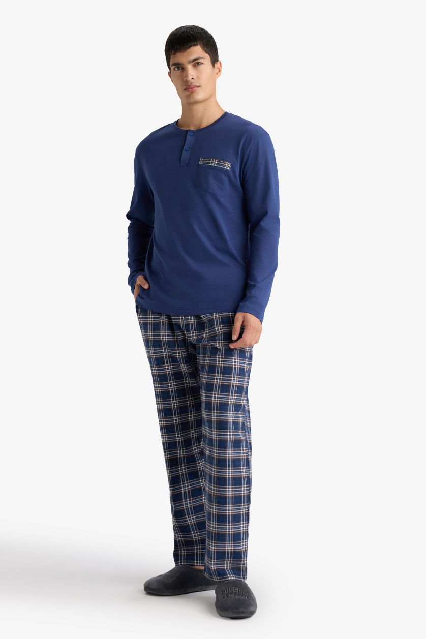Erkek Lacivert Pijama Takımı Regular Fit Uzun Kollu Üst Kareli Uzun Alt