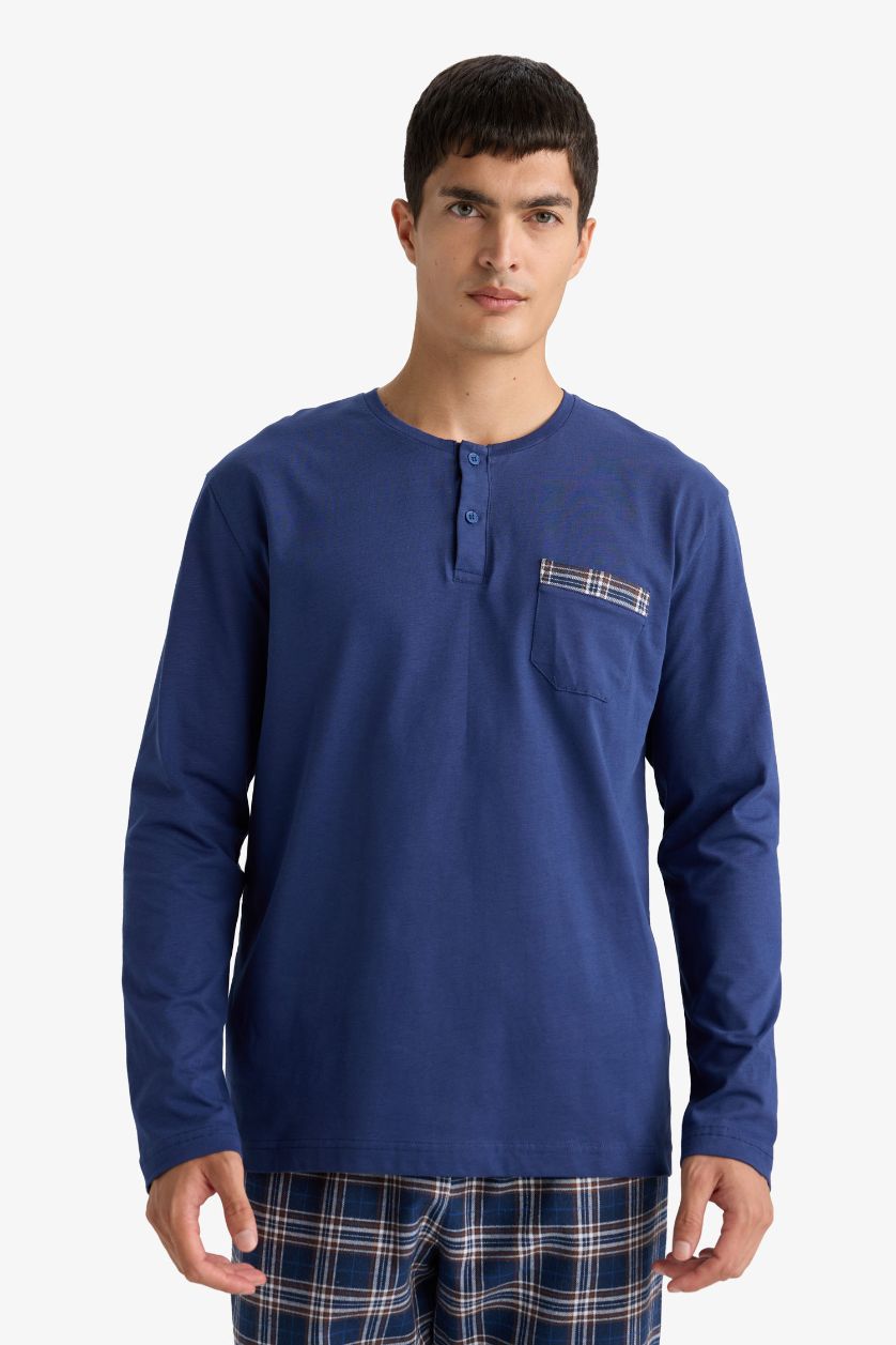 Erkek Lacivert Pijama Takımı Regular Fit Uzun Kollu Üst Kareli Uzun Alt