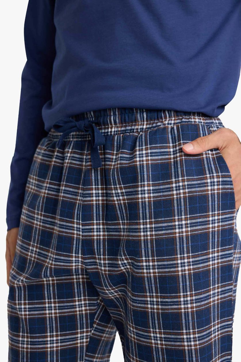 Erkek Lacivert Pijama Takımı Regular Fit Uzun Kollu Üst Kareli Uzun Alt