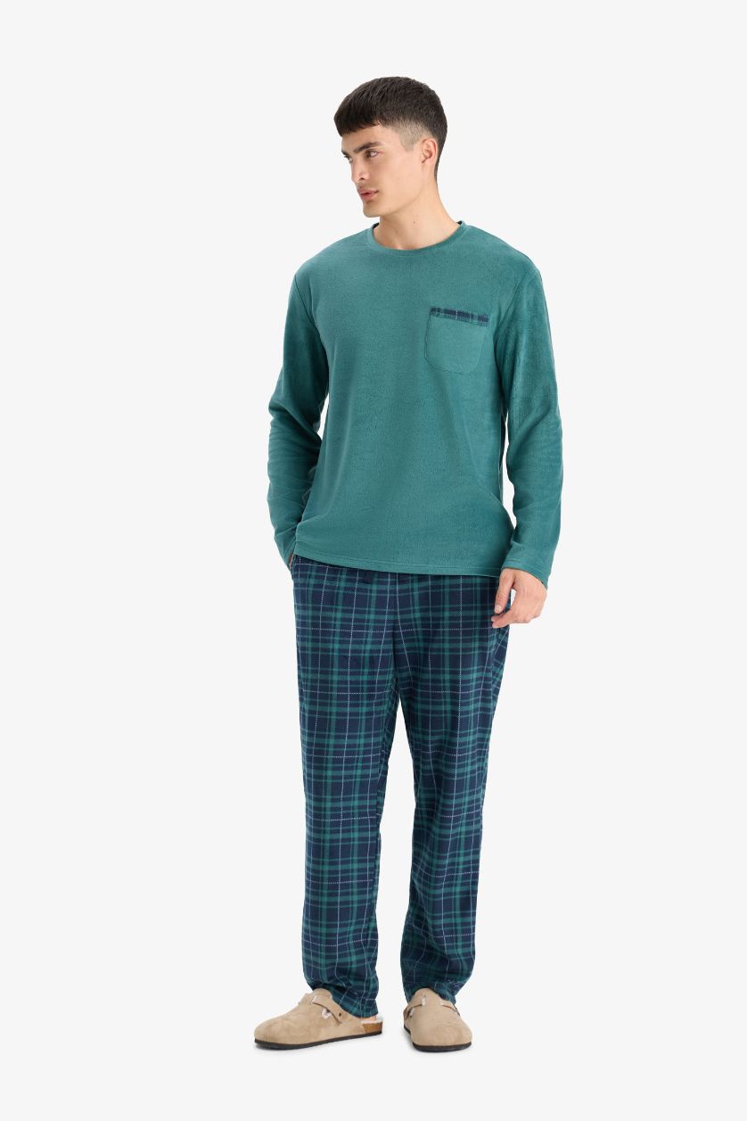 Erkek Yeşil Pijama Takımı Polar Uzun Kollu Üst Kareli Uzun Alt