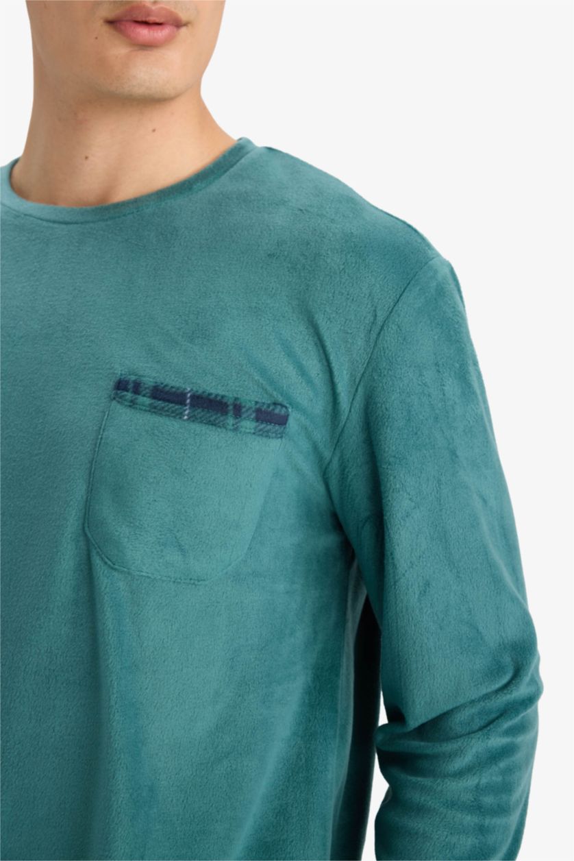 Erkek Yeşil Pijama Takımı Polar Uzun Kollu Üst Kareli Uzun Alt