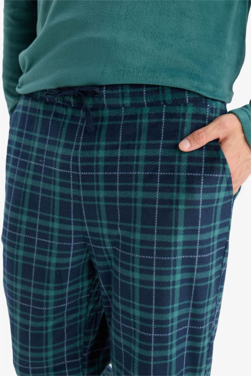 Erkek Yeşil Pijama Takımı Polar Uzun Kollu Üst Kareli Uzun Alt