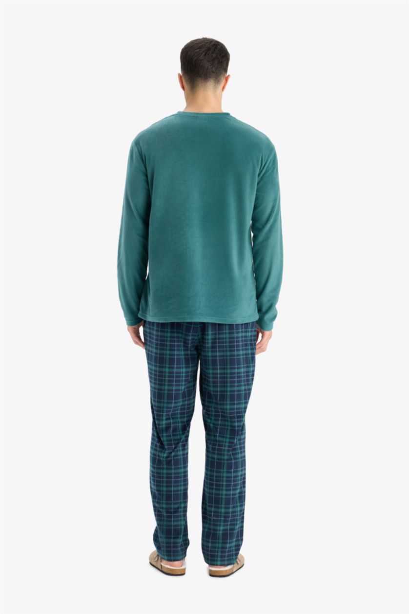 Erkek Yeşil Pijama Takımı Polar Uzun Kollu Üst Kareli Uzun Alt