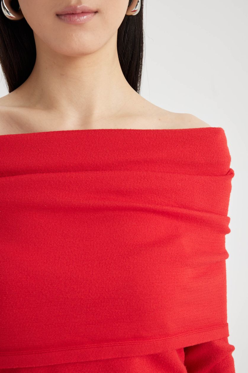Kadın Kırmızı Fitted Açık Omuz Triko Kırmızı Kazak