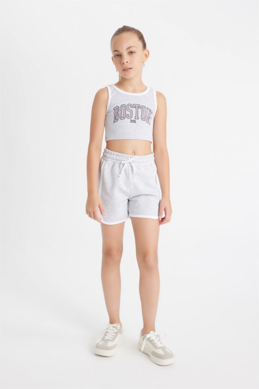 GIRLS & TEENS Grey Melange Girl Ribbed Printed T-Shirt Shorts 2 Piece Set