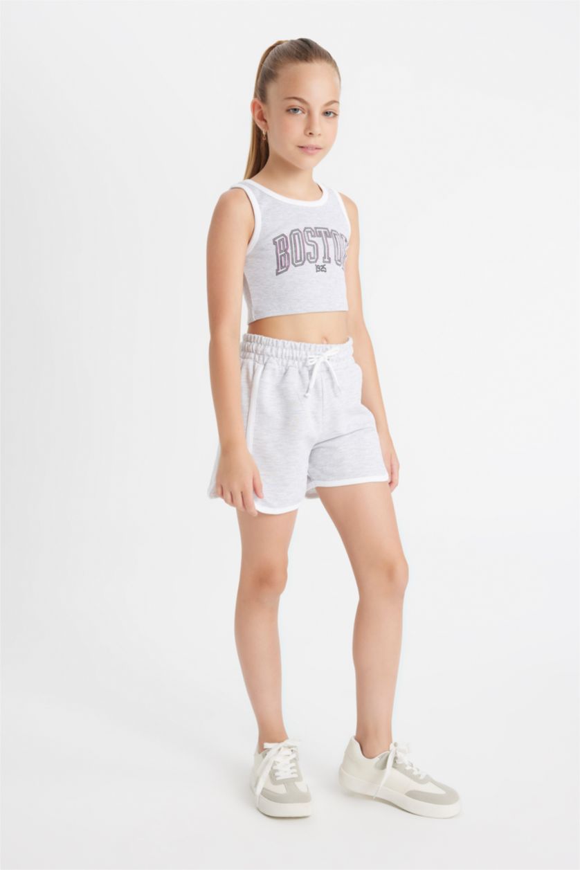 GIRLS & TEENS Grey Melange Girl Ribbed Printed T-Shirt Shorts 2 Piece Set