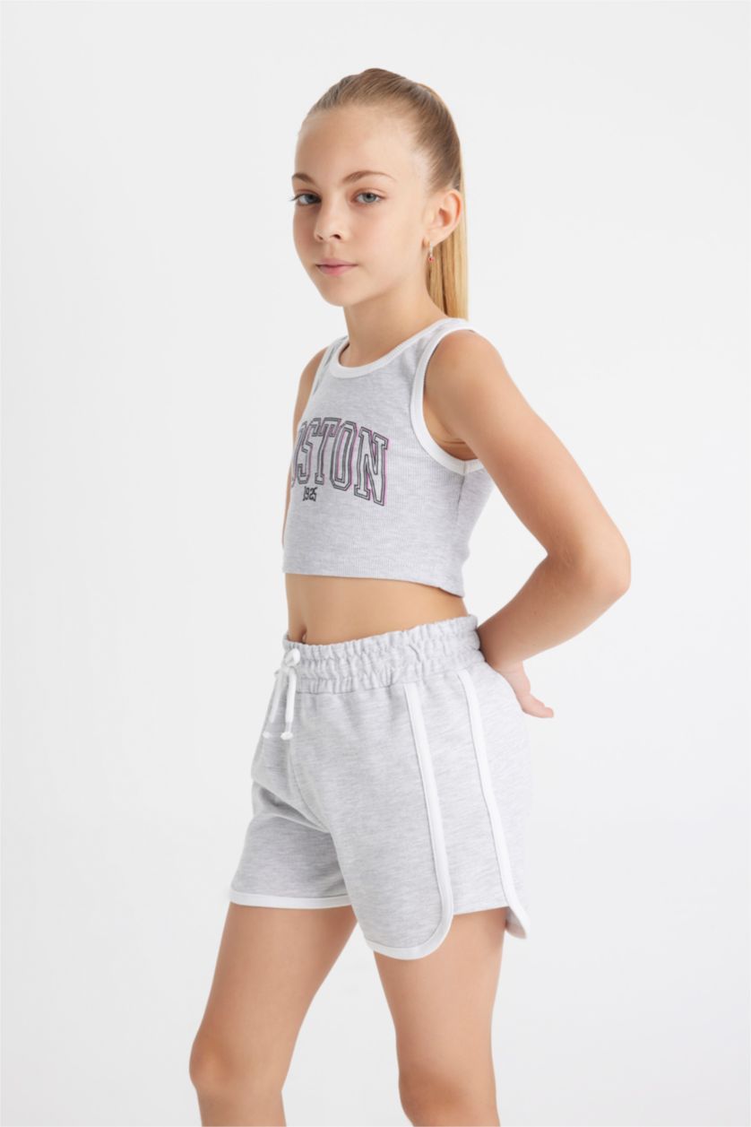 GIRLS & TEENS Grey Melange Girl Ribbed Printed T-Shirt Shorts 2 Piece Set