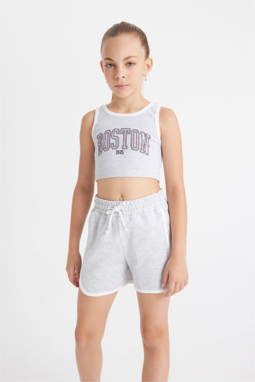 GIRLS & TEENS Grey Melange Girl Ribbed Printed T-Shirt Shorts 2 Piece Set
