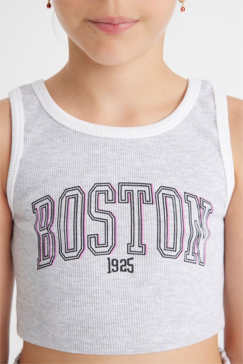 GIRLS & TEENS Grey Melange Girl Ribbed Printed T-Shirt Shorts 2 Piece Set