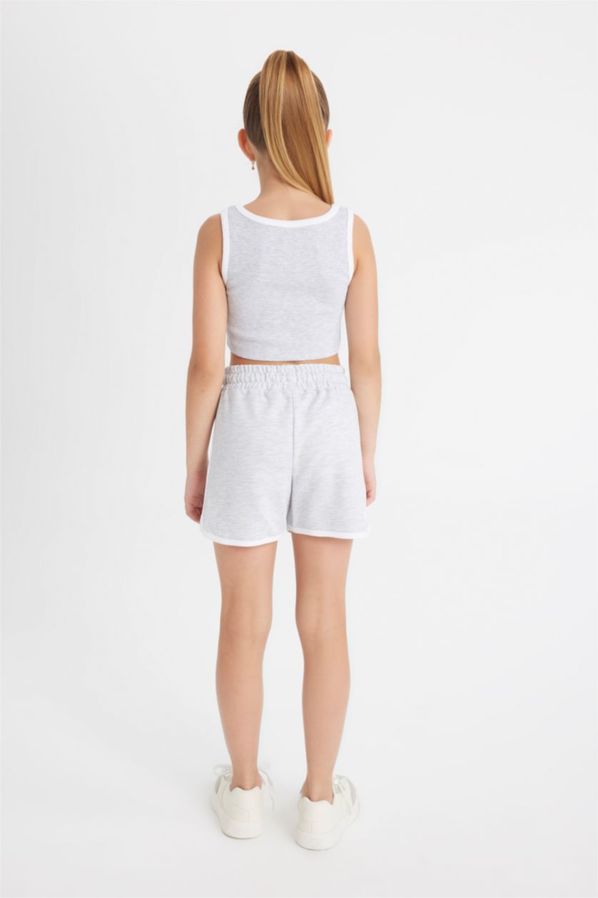 GIRLS & TEENS Grey Melange Girl Ribbed Printed T-Shirt Shorts 2 Piece Set