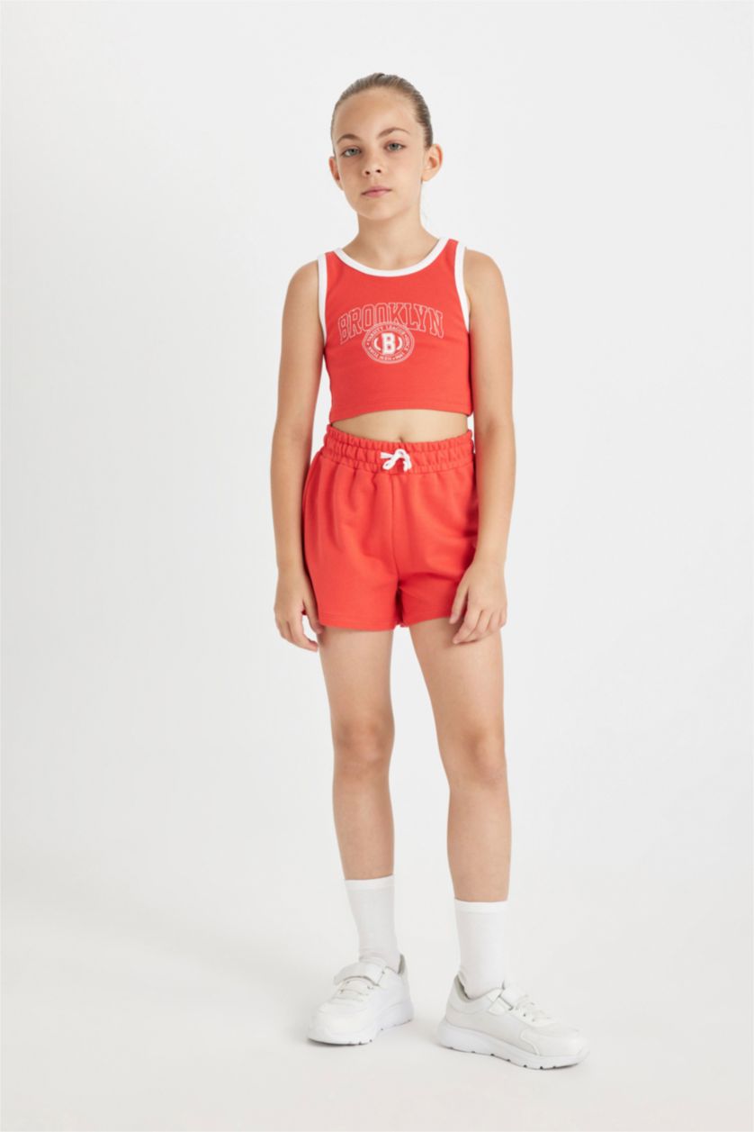 GIRLS & TEENS Light Red Girl Printed Ribbed Camisole T-Shirt Shorts 2 Piece Set