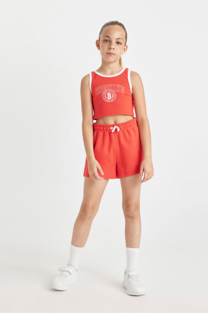 GIRLS & TEENS Light Red Girl Printed Ribbed Camisole T-Shirt Shorts 2 Piece Set