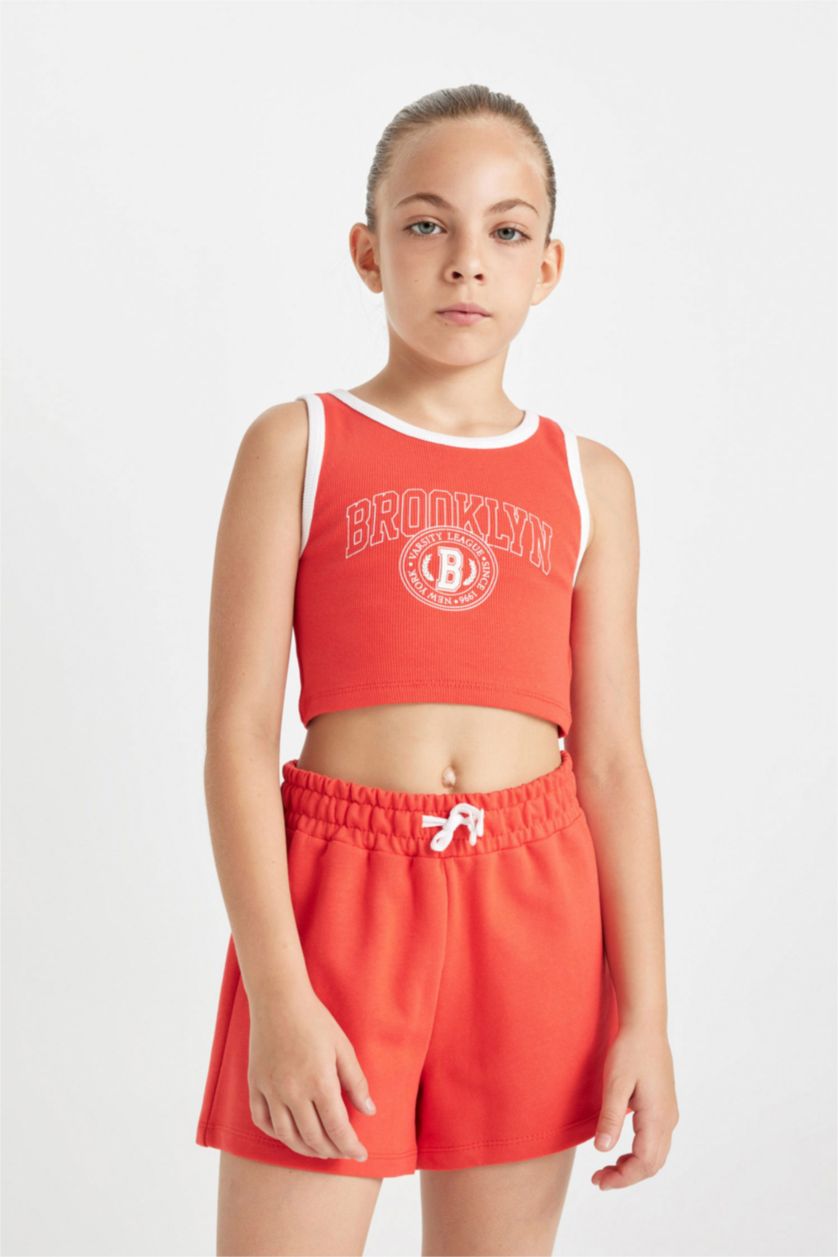 GIRLS & TEENS Light Red Girl Printed Ribbed Camisole T-Shirt Shorts 2 Piece Set