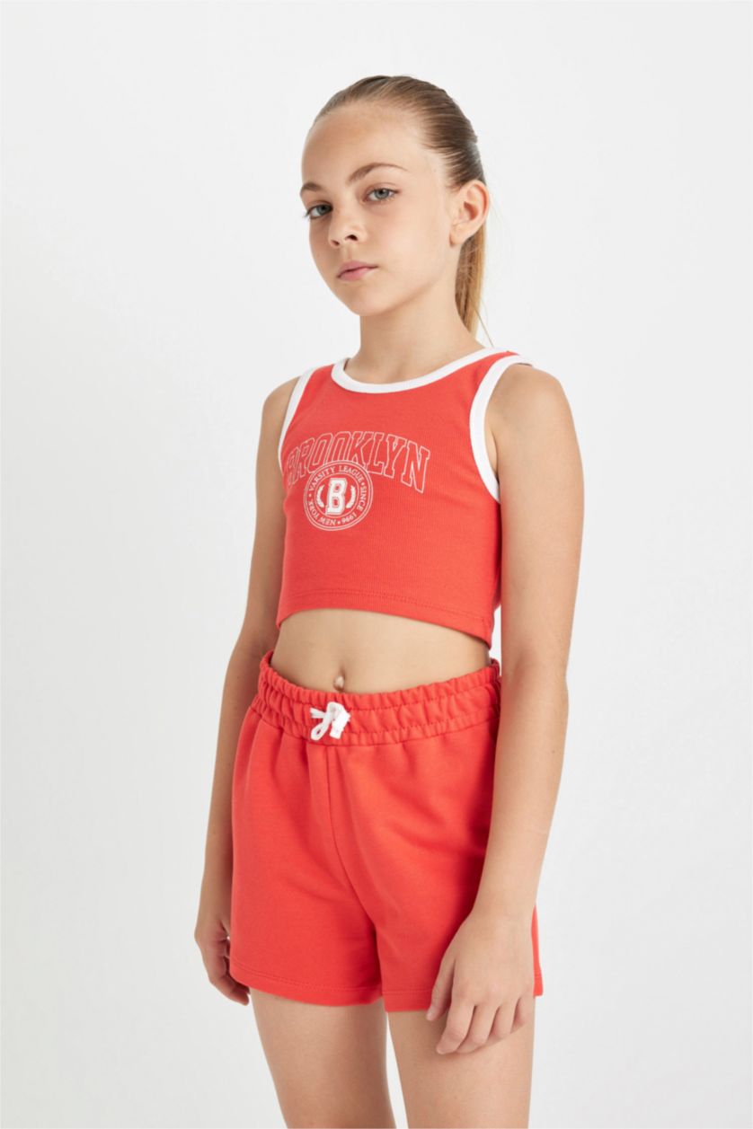 GIRLS & TEENS Light Red Girl Printed Ribbed Camisole T-Shirt Shorts 2 Piece Set