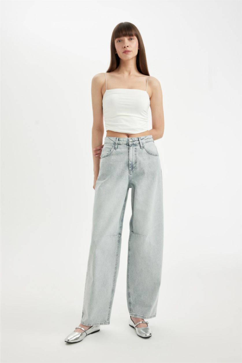 FEMME Gris Pantalon Baggy Fit Baggy Taille Haute Jean Long Délavé