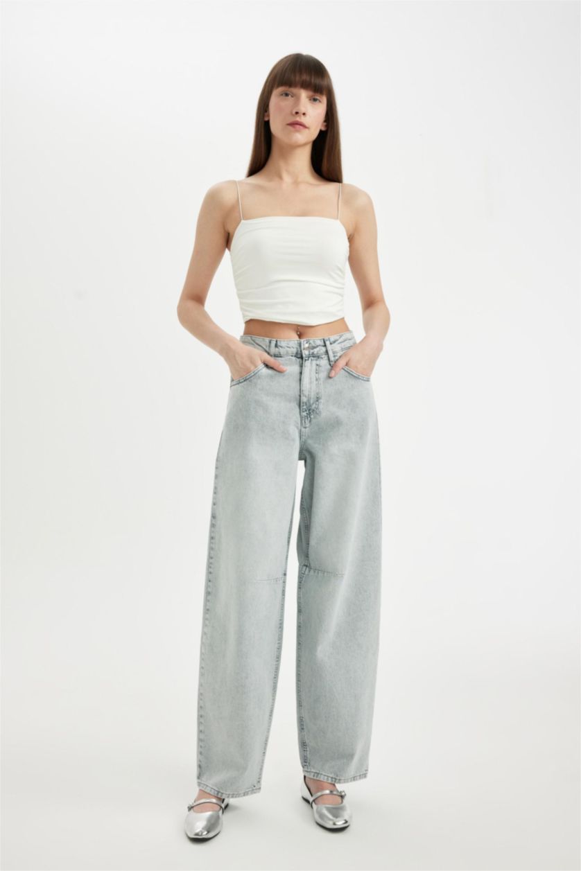 FEMME Gris Pantalon Baggy Fit Baggy Taille Haute Jean Long Délavé