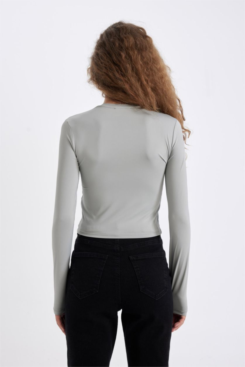 Kadın Açık Gri Fıtted Uzun Kollu Tişört