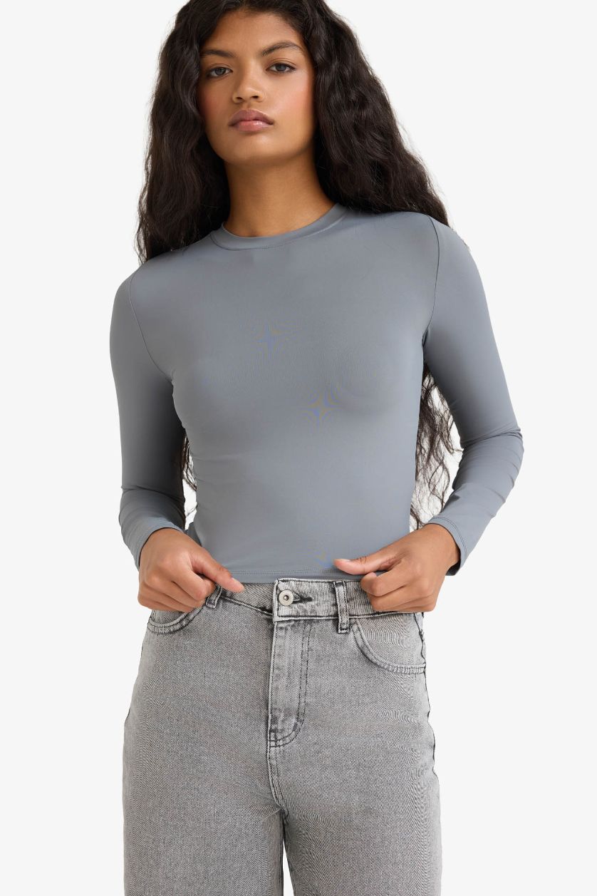 WOMAN Grey Fitted Crew Neck Long Sleeve T-Shirt