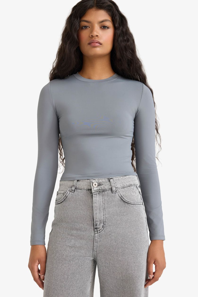 WOMAN Grey Fitted Crew Neck Long Sleeve T-Shirt