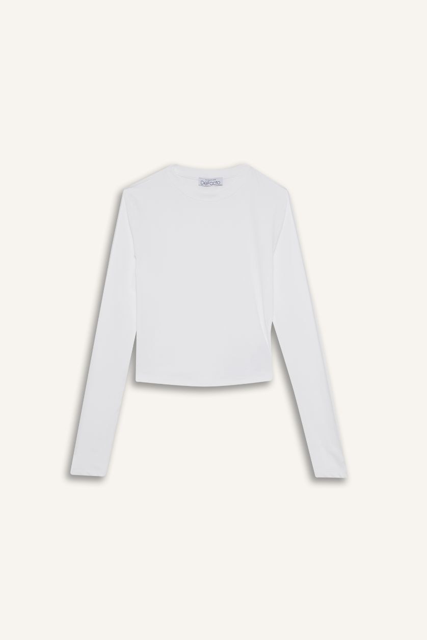 Kadın Beyaz Fitted Bisiklet Yaka Basic Düz Uzun Kollu Tişört