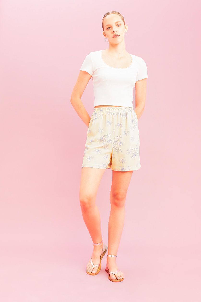 WOMAN Light Yellow Regular Fit Linen Blended Flower Normal Waist Shorts