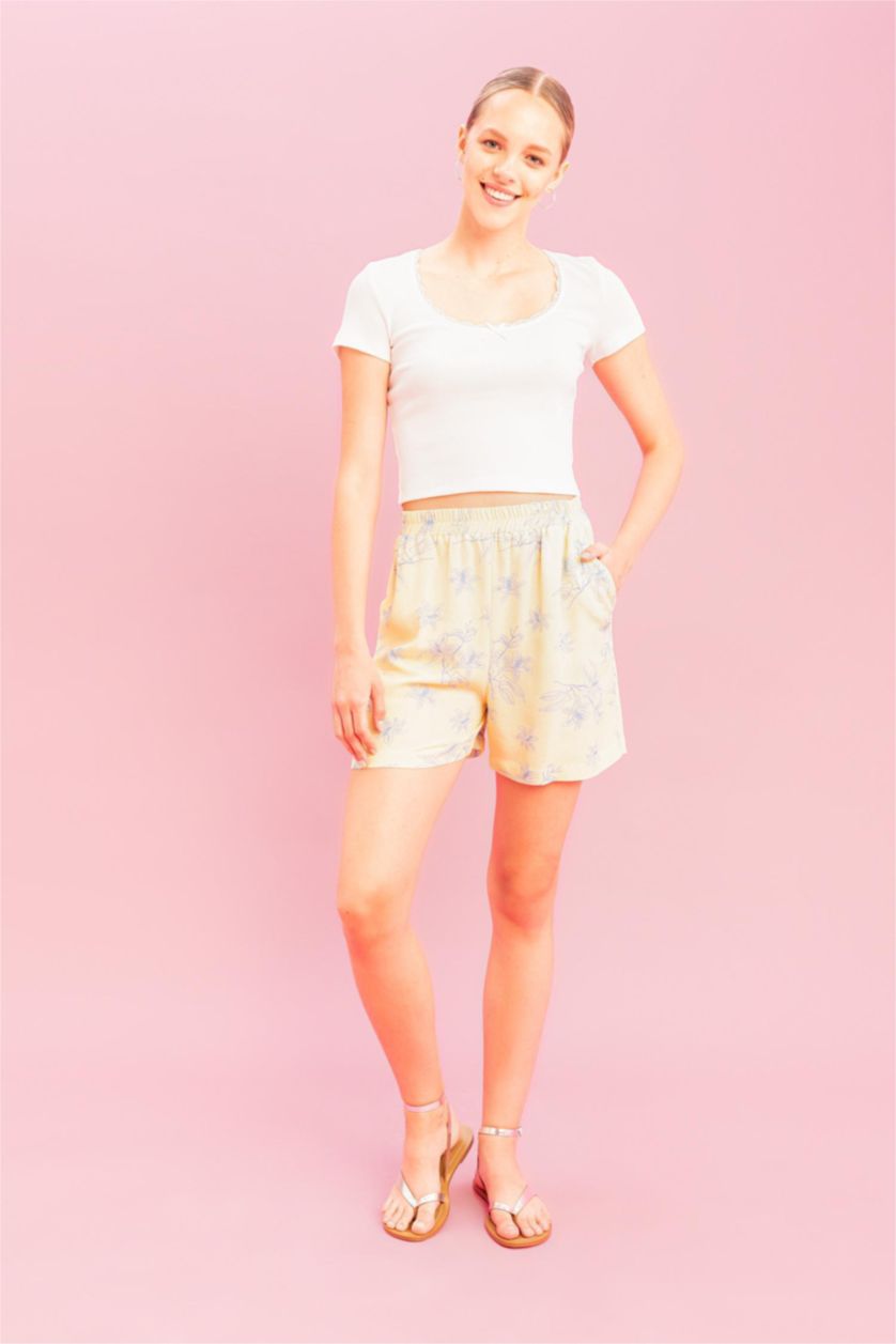 WOMAN Light Yellow Regular Fit Linen Blended Flower Normal Waist Shorts
