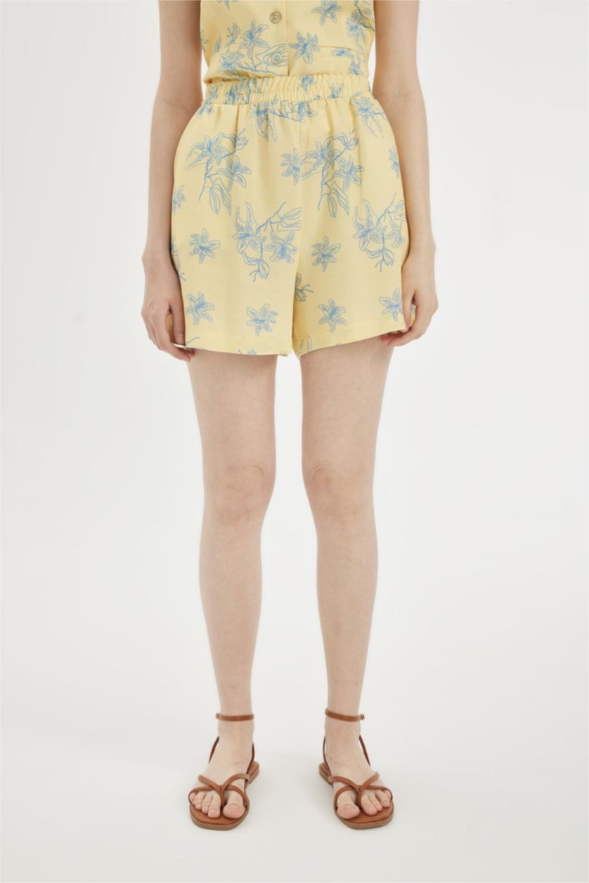 WOMAN Light Yellow Regular Fit Linen Blended Flower Normal Waist Shorts