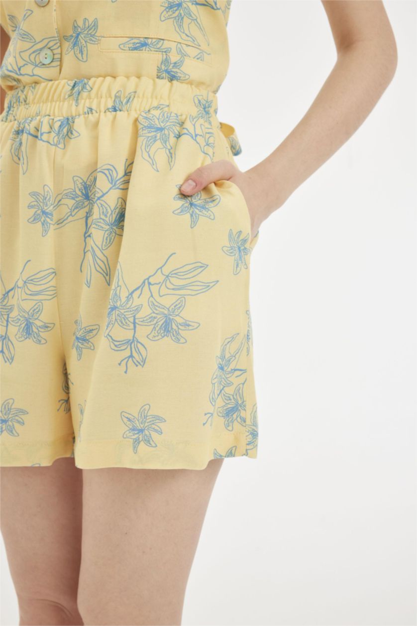 WOMAN Light Yellow Regular Fit Linen Blended Flower Normal Waist Shorts