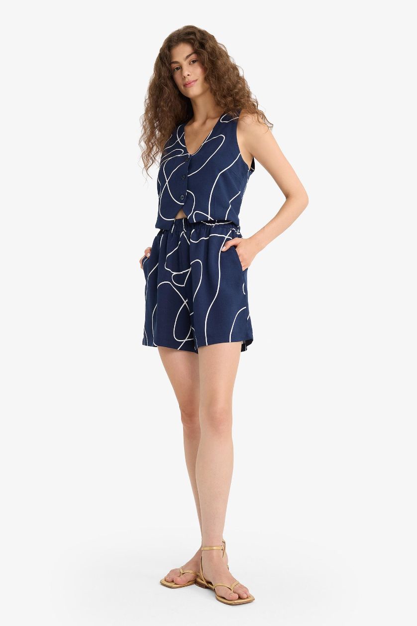 Kadın Lacivert Regular Fit Normal Bel Desenli Esnek Bantlı Keten Karışımlı Şort