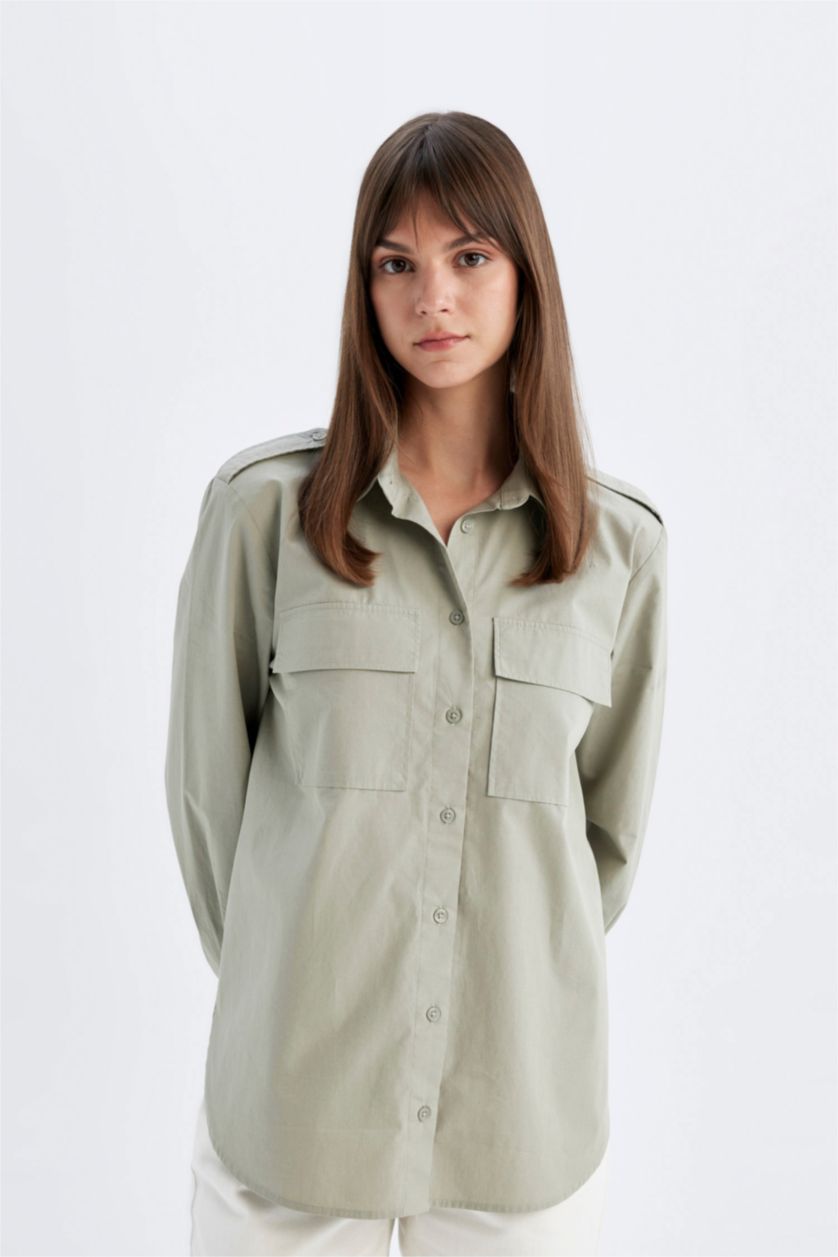 WOMAN Green Relax Fit Shirt Collar Poplin Long Sleeve Tunic