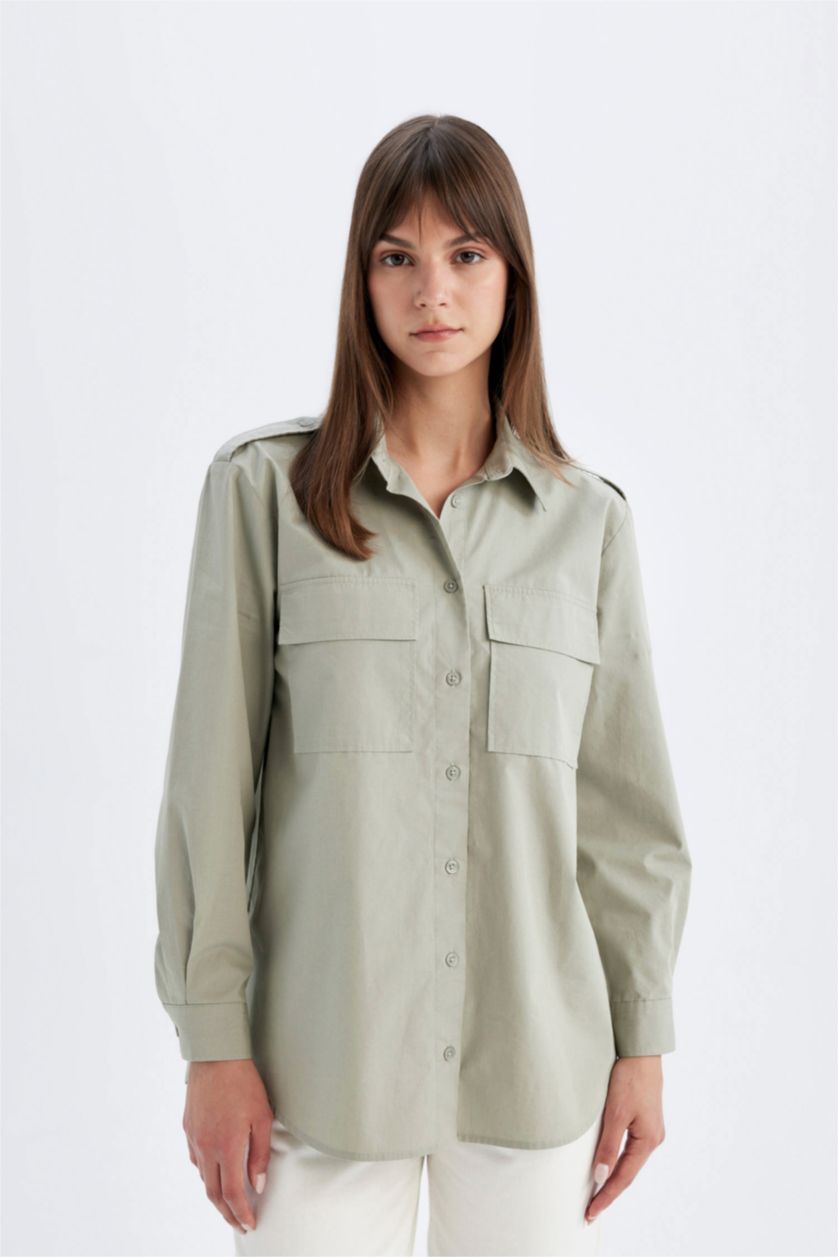 WOMAN Green Relax Fit Shirt Collar Poplin Long Sleeve Tunic