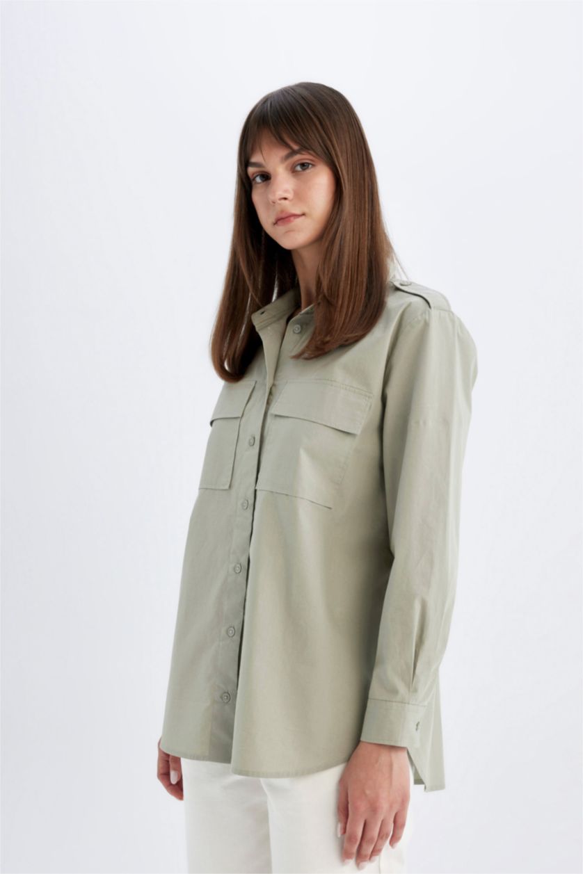 WOMAN Green Relax Fit Shirt Collar Poplin Long Sleeve Tunic