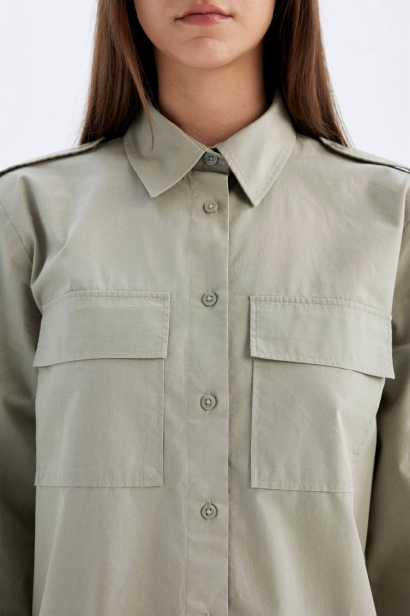 WOMAN Green Relax Fit Shirt Collar Poplin Long Sleeve Tunic