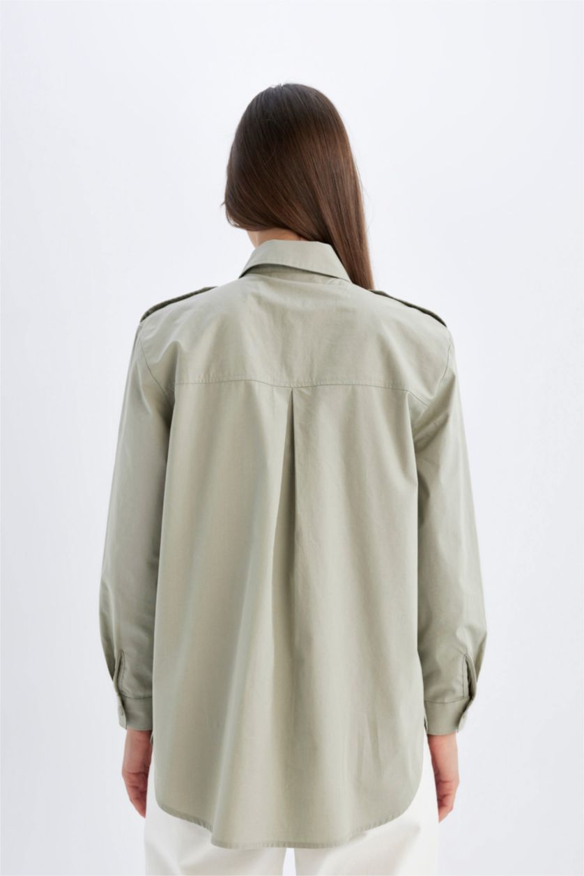 WOMAN Green Relax Fit Shirt Collar Poplin Long Sleeve Tunic