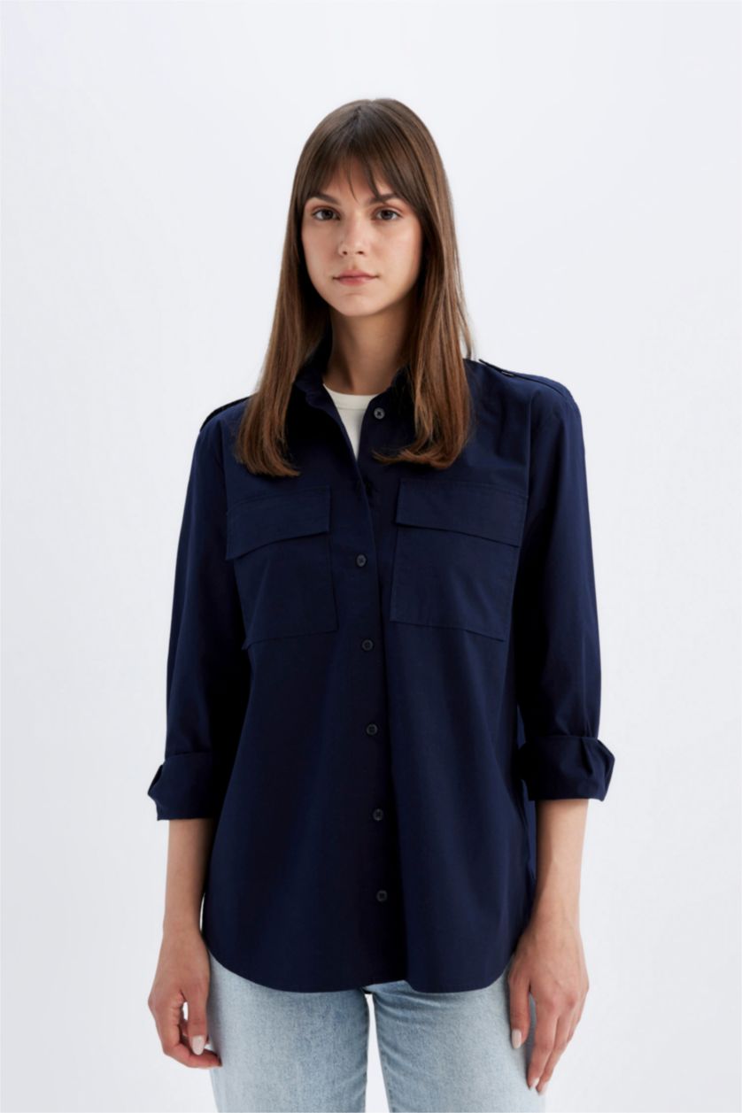 WOMAN NAVY Relax Fit Poplin Shirt Collar Long Sleeve Tunic