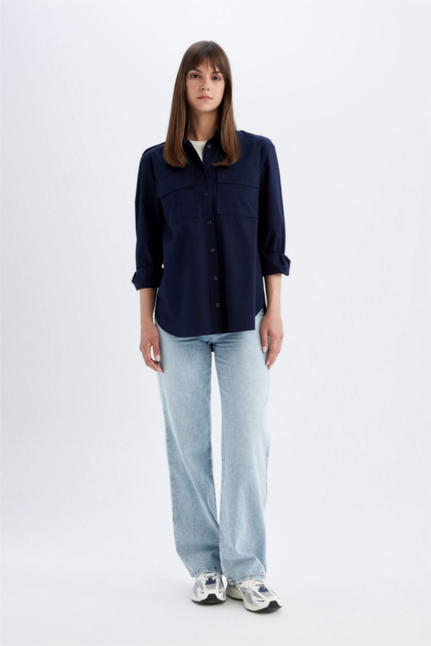 WOMAN NAVY Relax Fit Poplin Shirt Collar Long Sleeve Tunic