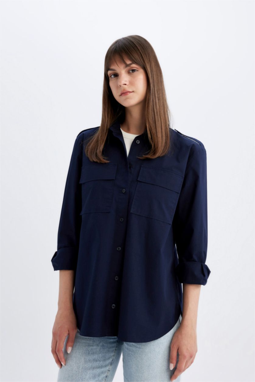 WOMAN NAVY Relax Fit Poplin Shirt Collar Long Sleeve Tunic