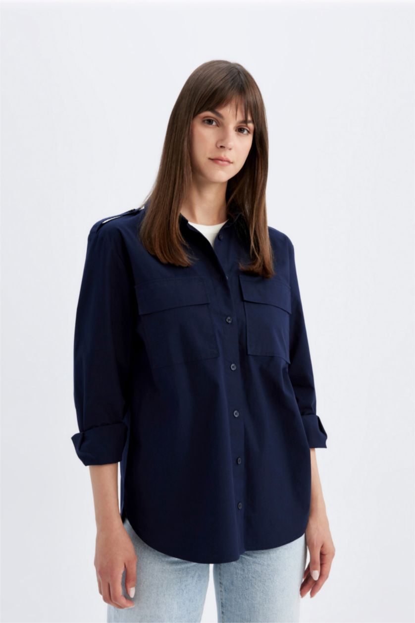 WOMAN NAVY Relax Fit Poplin Shirt Collar Long Sleeve Tunic