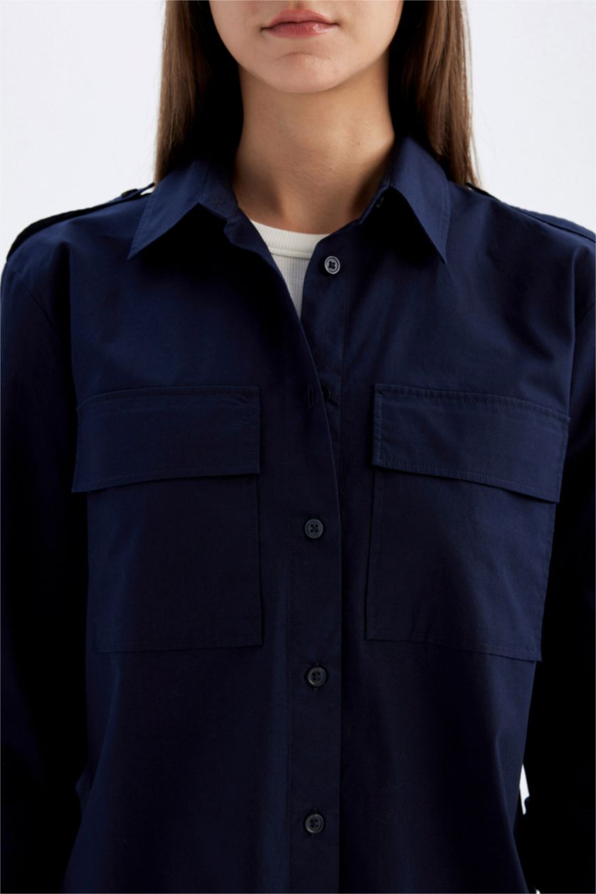 WOMAN NAVY Relax Fit Poplin Shirt Collar Long Sleeve Tunic
