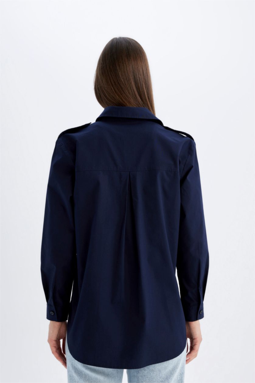 WOMAN NAVY Relax Fit Poplin Shirt Collar Long Sleeve Tunic